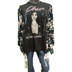 Cher Heart of Stone Graphic Top Kimono Sleeve Floral Fringe Upcycled Custom